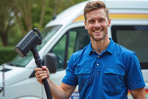 Happy Male Cleaner in Blue Uniform Poses with Vacuum Cleaner in Front of Van
