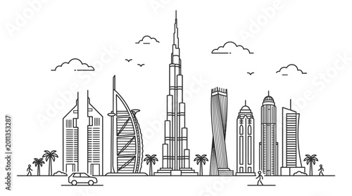 Bild auf Leinwand Dubai City Skyline Line Art Illustration with Famous Skyscrapers Landmarks and P