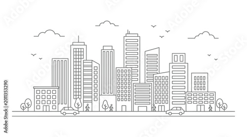 Minimalist City Line Drawing with Skyscrapers Office Buildings Street Life and Urban Architecture