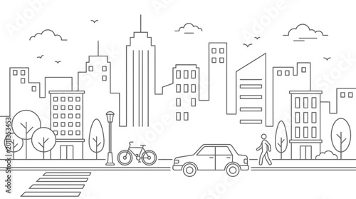 Minimalist City Line Art Illustration Featuring Urban Buildings Street Car Bicycle 