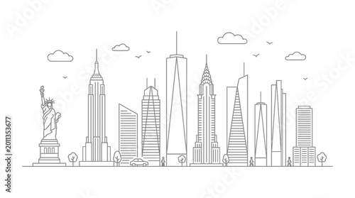 Schilderij op canvas New York City Skyline Line Art Vector Illustration featuring Famous Landmarks an