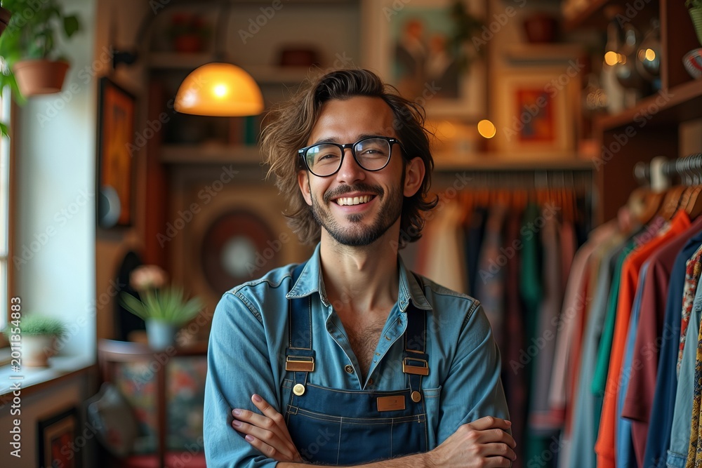 Obraz premium Capturing the Vintage Charm: A Portrait of a Stylish Boutique Owner and their Retro Fashion Sanctuary