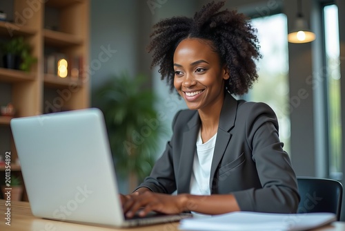 Confident African American Woman Accountant Manager Displays Professionalism and Focus While Working on Laptop in Office