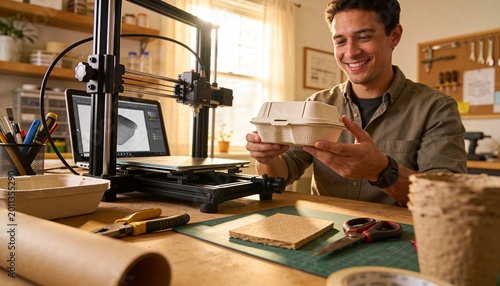 Person holds a white 3D-printed container. 3D printer stands nearby on a cluttered workbench. Smiling, he shows the object with pride. Ideal for DIY projects or tech innovation stories