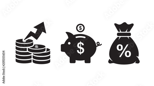 Vector Illustration Of Money Growth Concept With Coins, Piggy Bank, And Cash Bag For Finance And Savings Isolated On Transparent Background