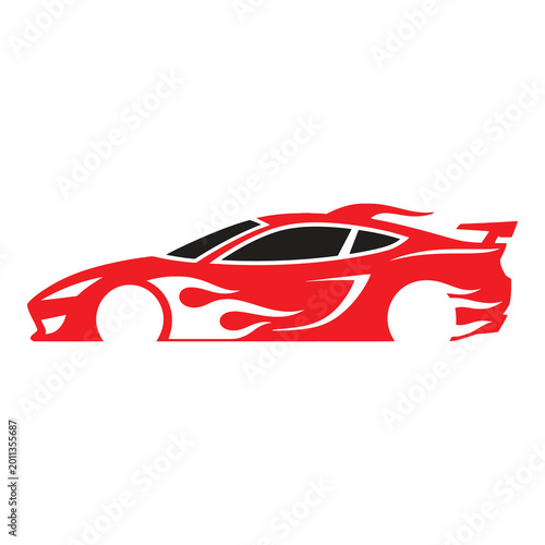 Red sports car with flame design on side view  racing vehicle icon