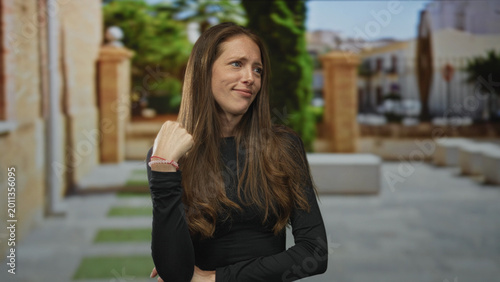 Bild auf Leinwand Woman points index finger at camera on a street beside stone building, hand visible and crossed arm, long hair and bracelet; warning message disapproval