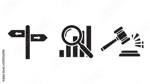 Vector Illustration Of Directional Signs, Magnifying Glass On Bar Chart, And Gavel For Business, Law, And Analysis Concept Isolated On Transparent Background