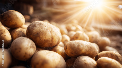 Raw potatoes piled closely, showing fresh harvest, earthy textures. Golden sunlight brightens potential food supply theme
