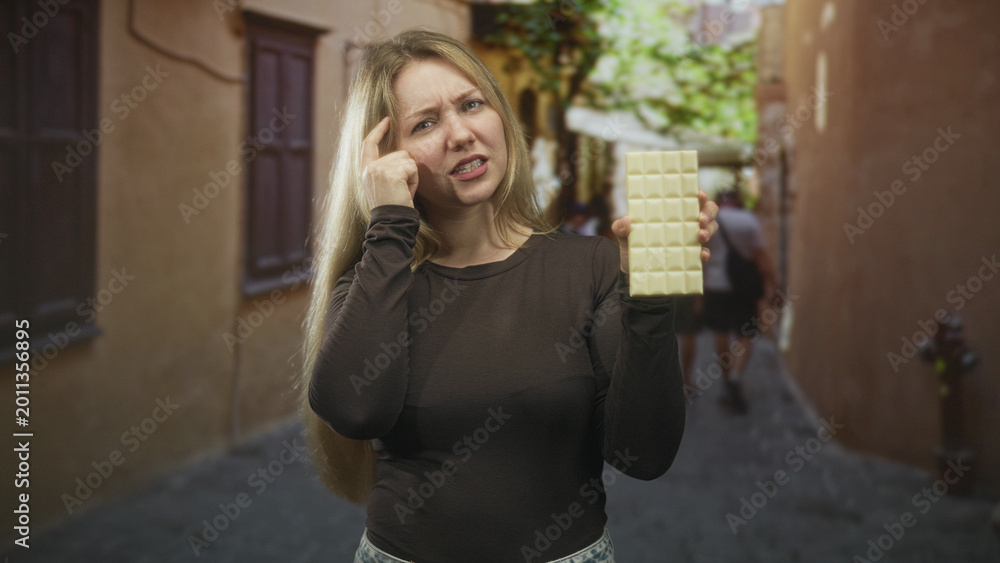 Fototapeta premium Blonde woman points finger to temple while holding a white chocolate bar in one hand on a narrow cobblestone street; confusion craving.