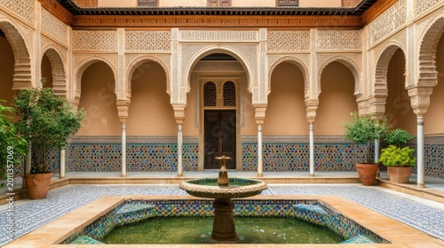 Low-angle atmospheric shot inside traditional Arabic courtyard with fountain