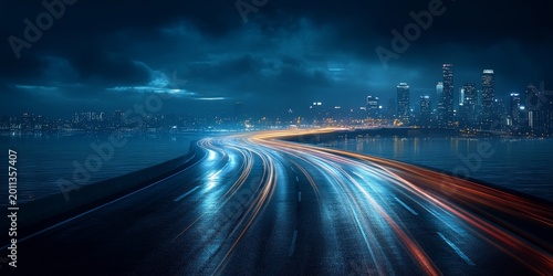 Sleek highway with city skyline in the background illuminated in the style of dynamic light trails and motion blur, Generative AI