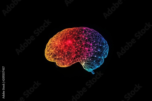 logo of the human brain made from colorful lines connecting dots on a black background, Generative AI