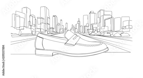 Fotografía A continuous line art drawing of a loafer shoe on a city street with a cityscape