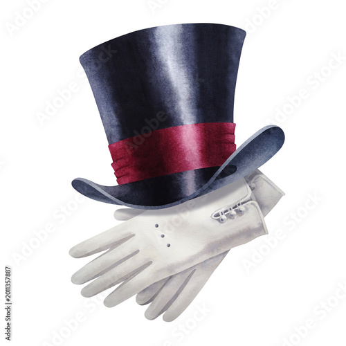 Canvas Print Black silk vintage top hat with a red satin ribbon and white gloves