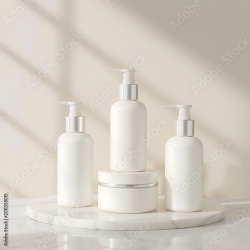 Skincare Essentials: A minimalist arrangement of four elegant white skincare bottles and jars, showcasing pump dispensers and a screw-top lid.
