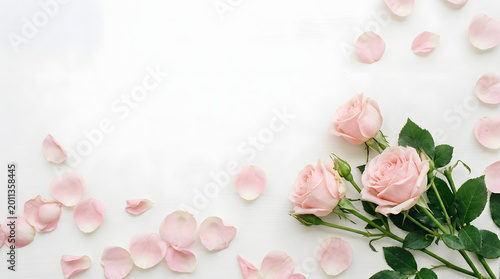 Pale pink roses and scattered petals on a white wood surface delicate floral arrangement for spring