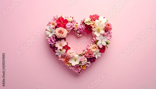 Pastel Romantic Background Featuring a Minimalist Heart Shape Made of Tiny Flowers