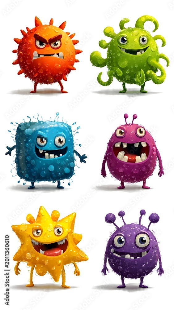 Fototapeta premium Cute Cartoon Virus Characters Mascot Set – Colorful 3D Microbe Collection with Water Droplets. for medical education, children’s health content, microbiology illustration, game assets.