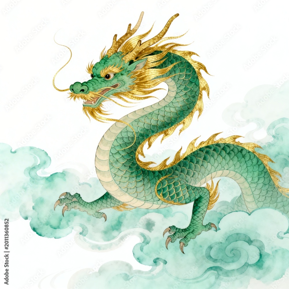 Fototapeta premium 水彩风格传统青龙祥云插画