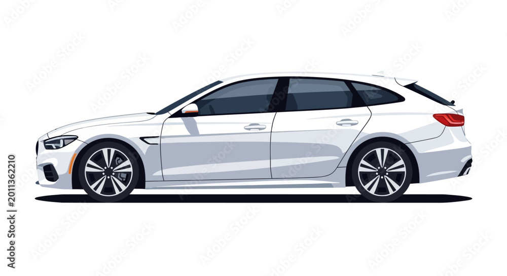 Fototapeta premium Modern White Station Wagon Car Side View Isolated on White Background