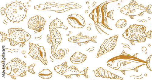 Canvas Print Hand-drawn doodle collection of marine life, including various fish, seahorse, a