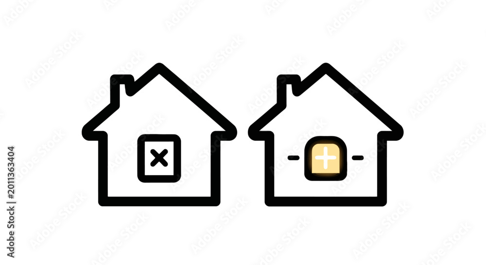 Fototapeta premium Two houses icons one with a cross and one with a plus sign choice and option concept real estate selection process building decision selection
