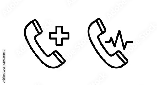 Healthcare telemedicine icons of telephone handset with medical cross and pulse waveform line art representing remote medical support telephone healthcare