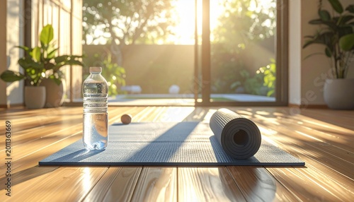 morning yoga routine with water bottle and mat in sunlit home wellness space