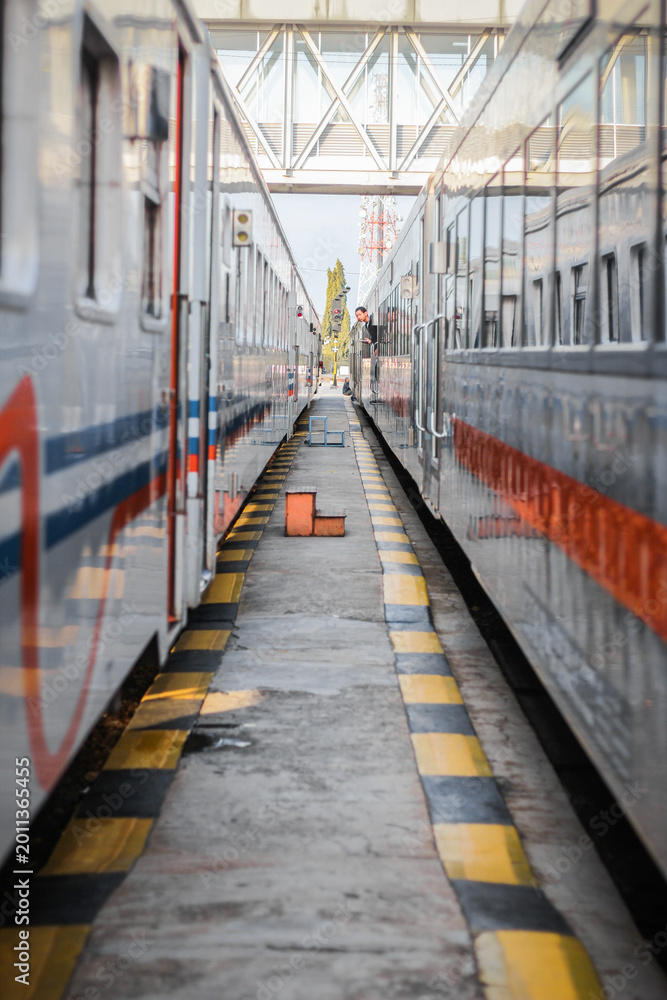 Fototapeta premium Symmetrical view between two passenger trains at a railway station platform.