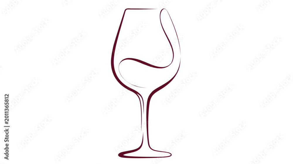 Obraz premium Minimalist vector illustration of a red wine glass with elegant burgundy line art. This icon features a sleek, modern design perfect for lifestyle, dining, and beverage-themed designs.