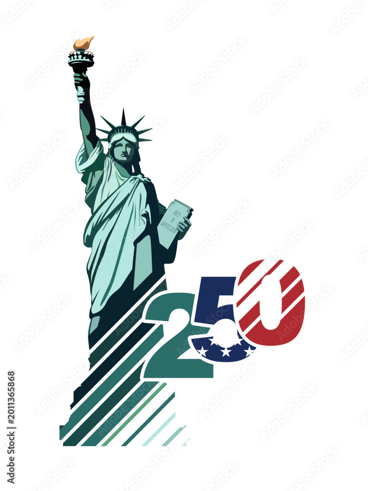 Naklejka premium 250 years of US Independence Day. Statue of Liberty. Red and blue flat design of numbers with geometric stripes in colors of the American flag. Holiday in New York. Vector illustration of banners