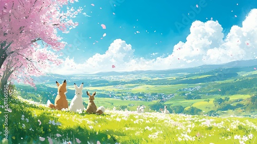 Soft Pastel Scene of Animals in a Blooming Meadow