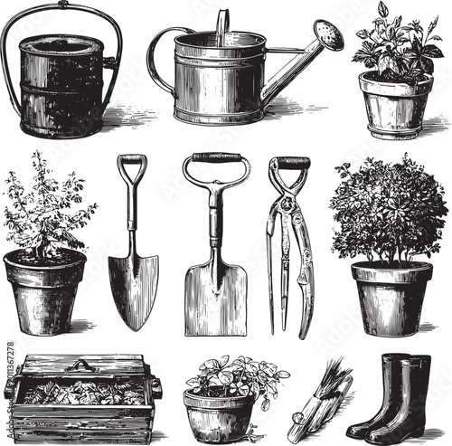 Set of vintage metal gardening tools including watering can bucket pot and containers isolated on white background
