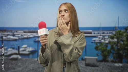 Schilderij op canvas Woman reporter holding microphone bites fingernail at marina pier with boats and sea in view; nervous anticipation