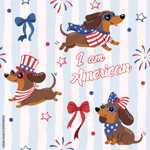 Photography Cute patriotic dachshund seamless pattern with American flag outfit stars bows f