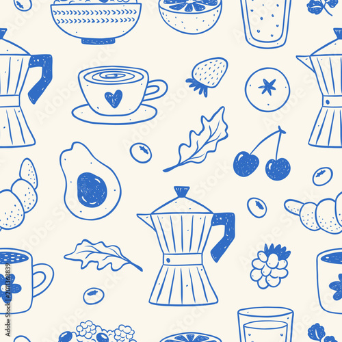 Hand drawn seamless pattern breakfast in sketch style. Coffee, avocado, croissant, strawberry, cereal, citrus juice in crayon or ink drawing. Trendy vector print. Food and drink in doodle line art.