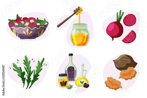 Vector collection of beetroot salad ingredients and food elements including honey, walnuts, arugula and dressing. Cozy hand drawn culinary illustration set isolated on background.