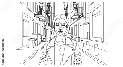 Фотография A woman walks down a city street with continuous line art illustrations around her