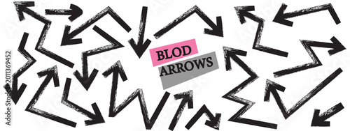 Bold and thick grunge straight and zigzag arrows. Hand drawn vector eps bold brush drawn arrows. Vector inky illustration. Folded zigzag lines in different direction. Gold geometric lines and shapes.