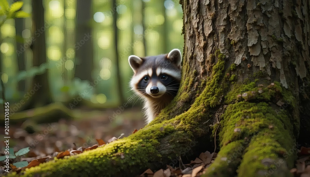 Fototapeta premium Curious Raccoon Peeking Behind Mossy Tree in Enchanted Forest
