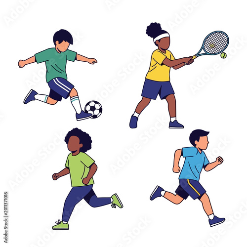 Diverse Kids Playing Sports: Soccer, Tennis, Running, Fitness - Active Childhood