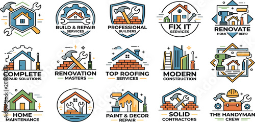 House repair and construction logo templates set with building tools maintenance services and renovation vector icons