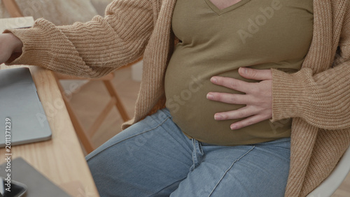 Obraz na płótnie Pregnant woman typing on laptop with left hand on belly and right hand on keyboard at wooden desk in studio; expectant calm focus