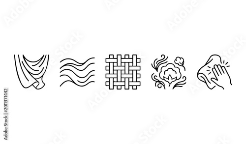 Textile and fabric care icon set with draped cloth wavy silk texture woven material cotton plant and hand cleaning surface