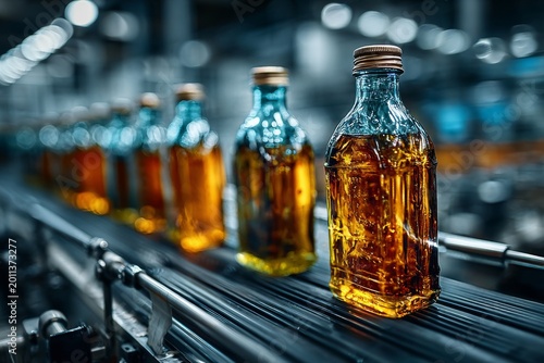Modern olive oil bottles moving along production conveyor. Generative AI