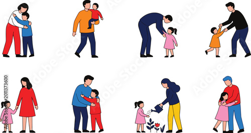 Konstfotografi Cartoon vector illustration of adults caring for children through nurturing acti