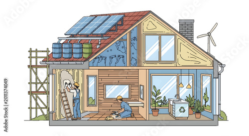 Sustainable eco-friendly house construction with solar panels, wind turbine, and energy-efficient design