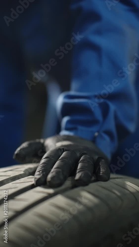 Gloved mechanic hand pressing against car tire tread during careful inspection and maintenance, assessing rubber grooves, traction, and safety in an automotive workshop environment