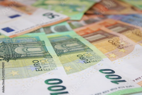 Принти на полотні Collection of Euro Banknotes on a Flat Surface in a Close-Up View Showing Differ